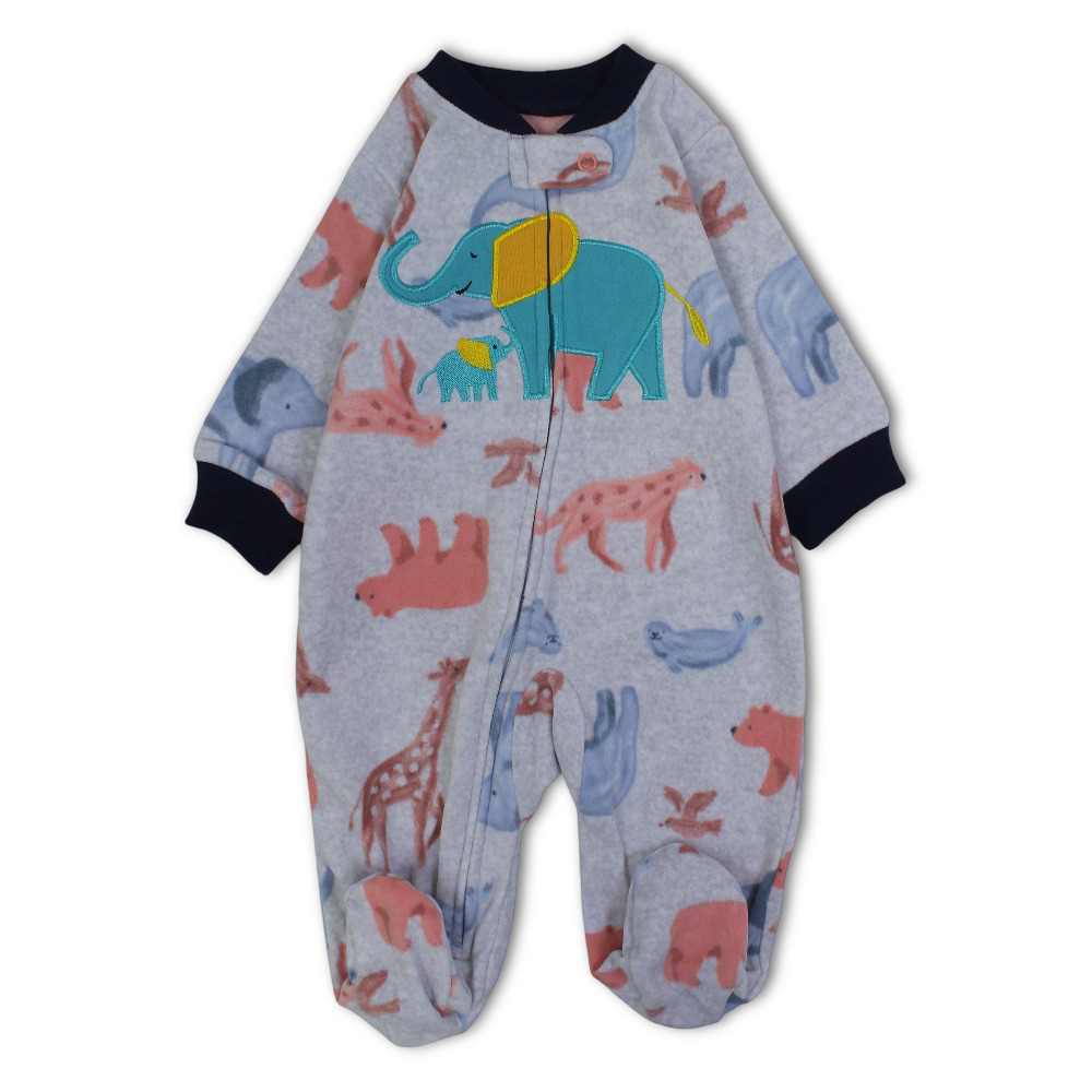 Baby Boys Fleeced Baby Footie – Grey with Elephant Design - Clothing - Cherries