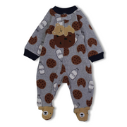 Baby Boys Fleeced Baby Footie – Grey with Bear, Milk, & Cookies Design
