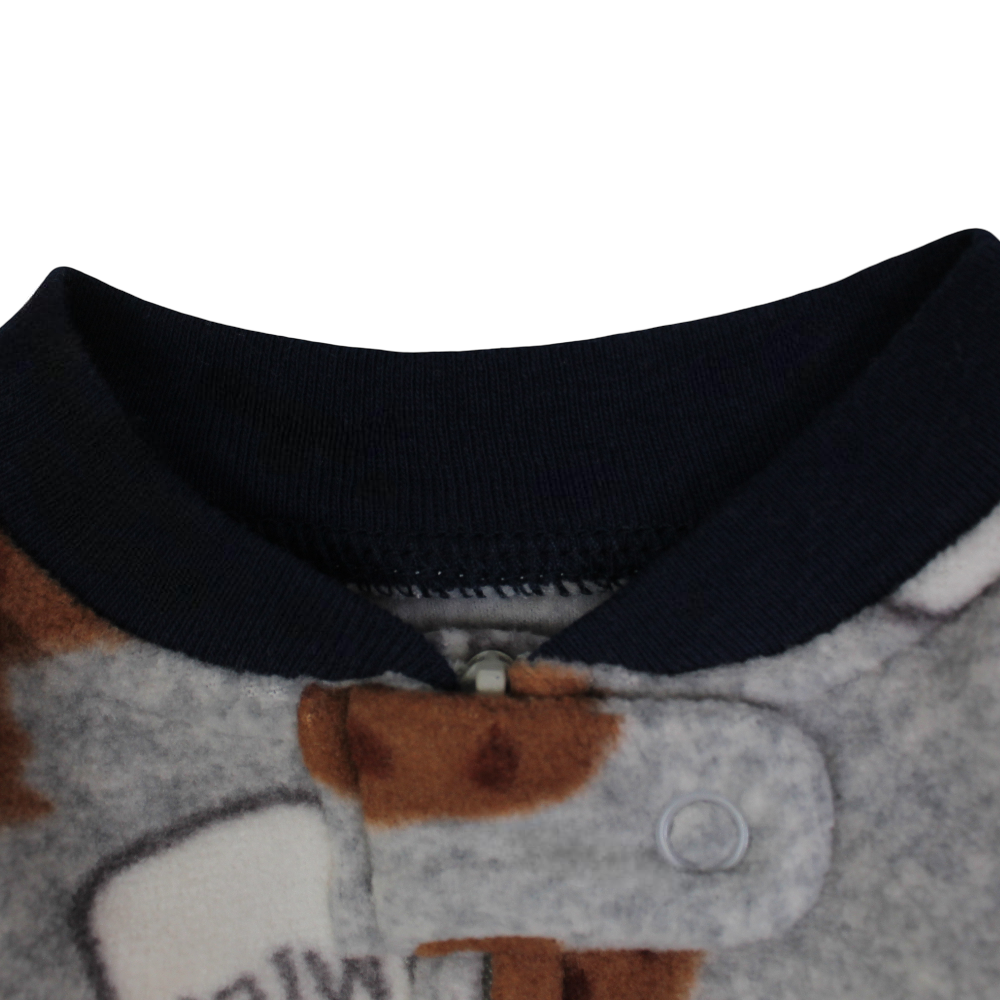 Baby Boys Fleeced Baby Footie – Grey with Bear, Milk, & Cookies Design