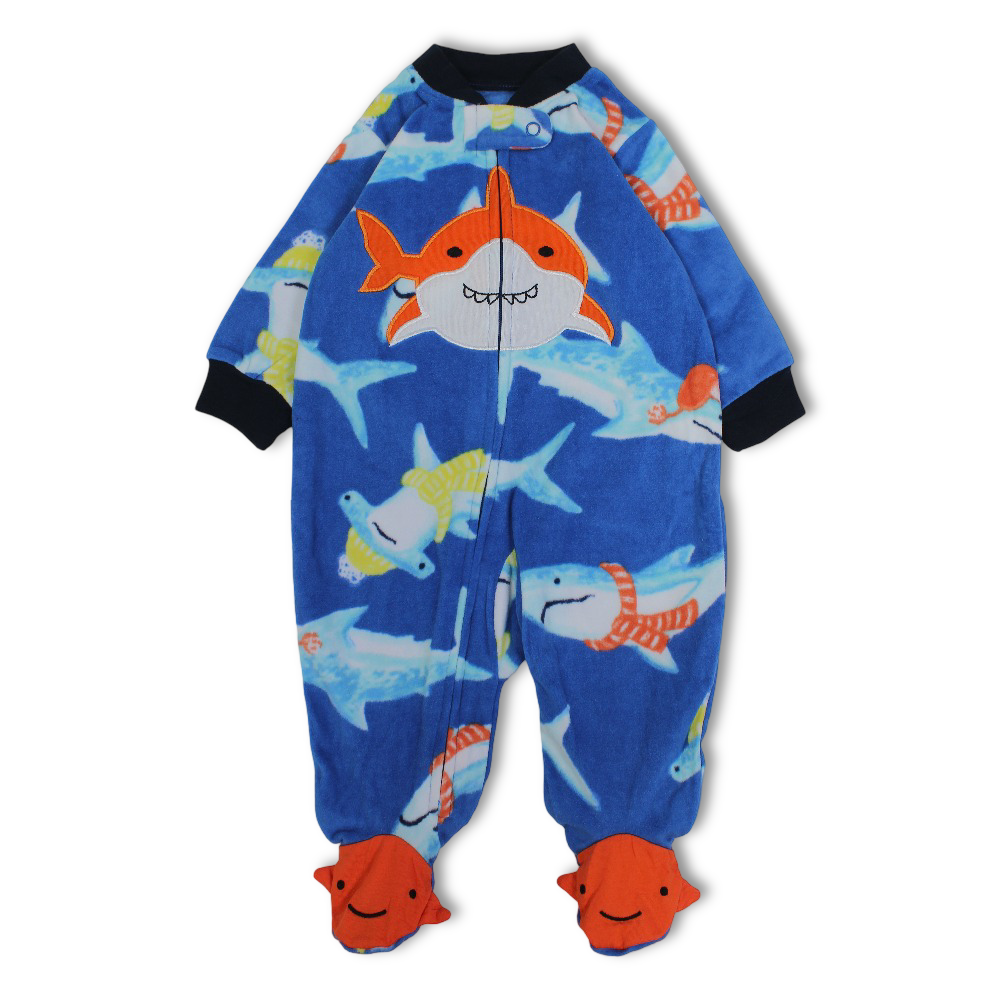 Baby Boys Fleeced Baby Footie – Blue with Shark Design