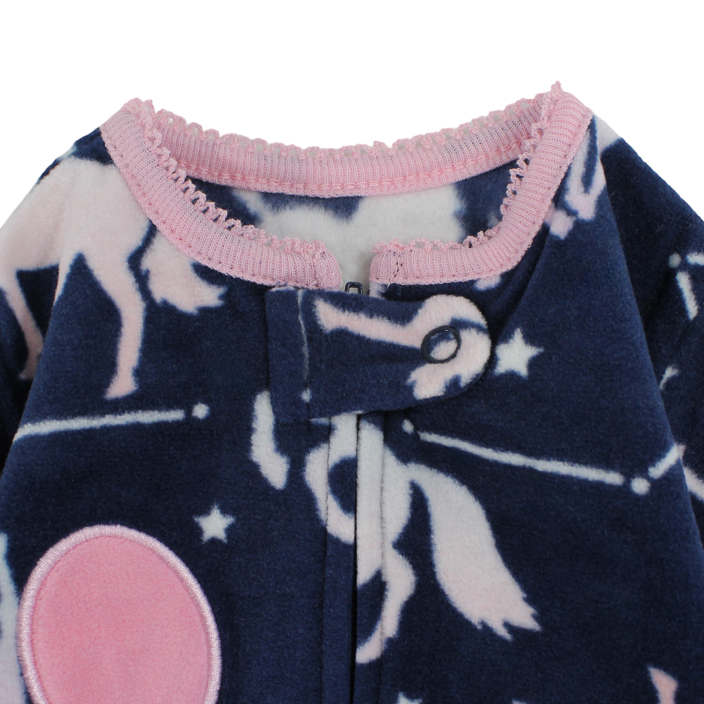 Baby Girls Fleeced Baby Footie – Navy with Unicorns Print