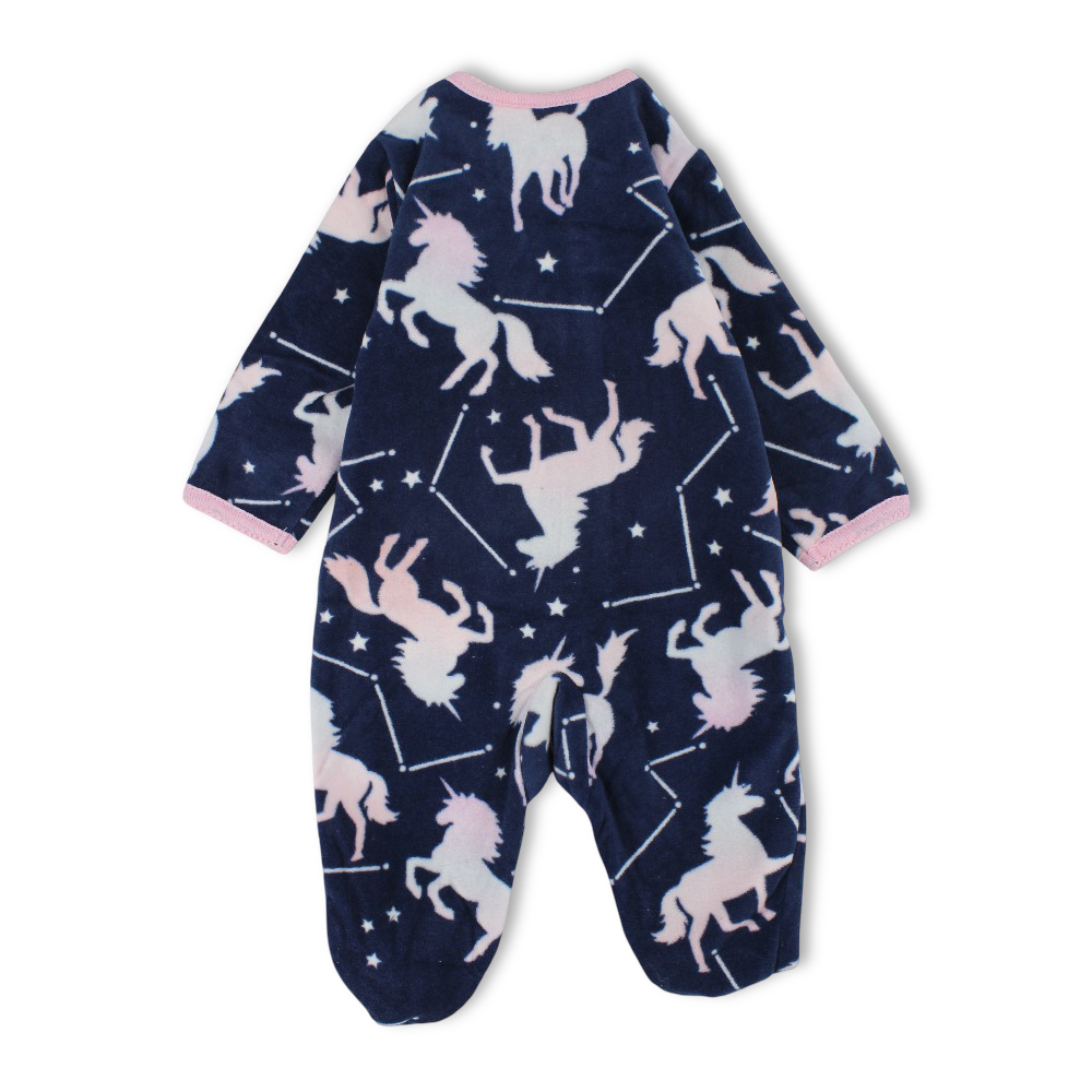 Baby Girls Fleeced Baby Footie – Navy with Unicorns Print
