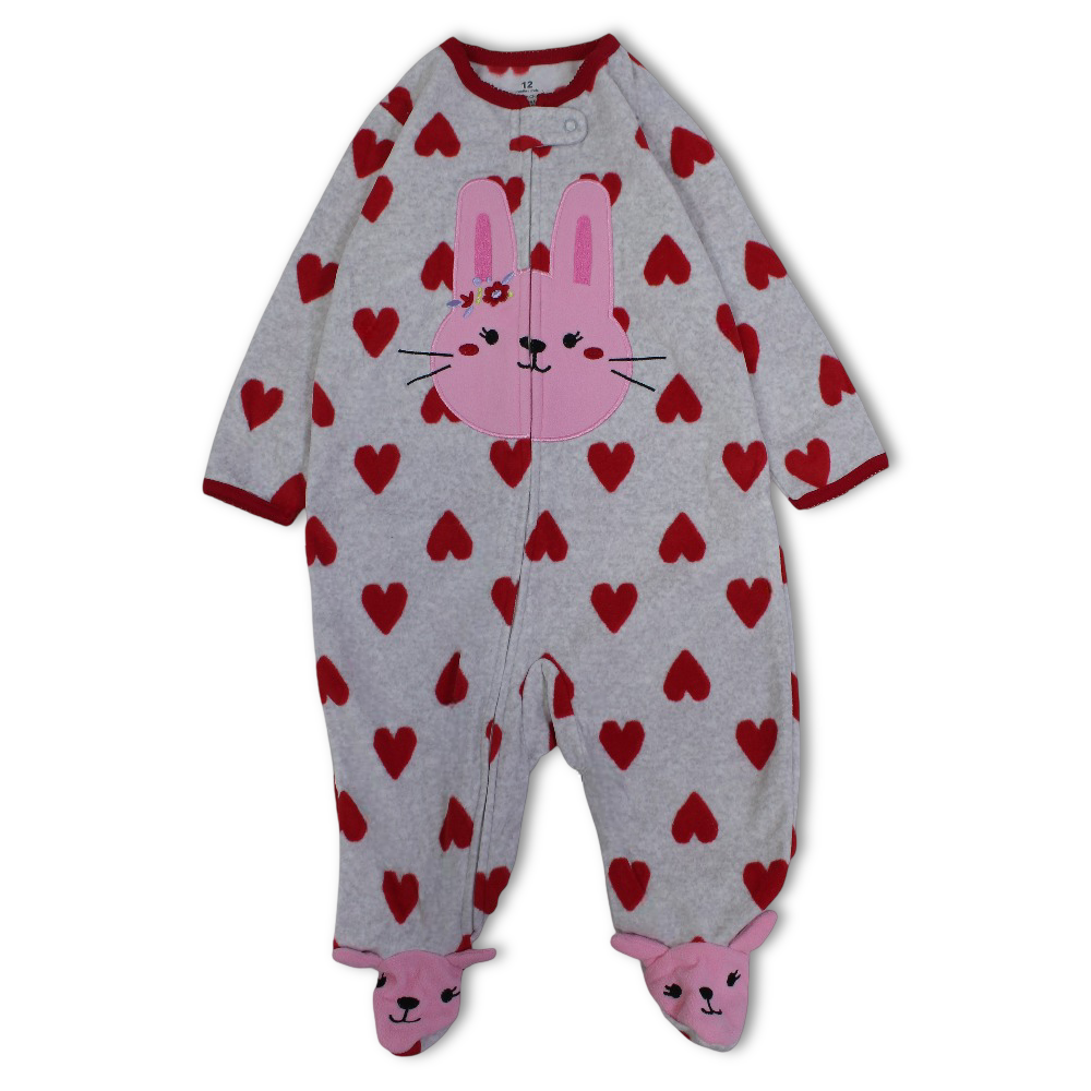 Baby Girls Fleeced Baby Footie – Grey with Hearts & Bunny Design