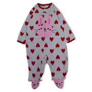 Baby Girls Fleeced Baby Footie – Grey with Hearts & Bunny Design