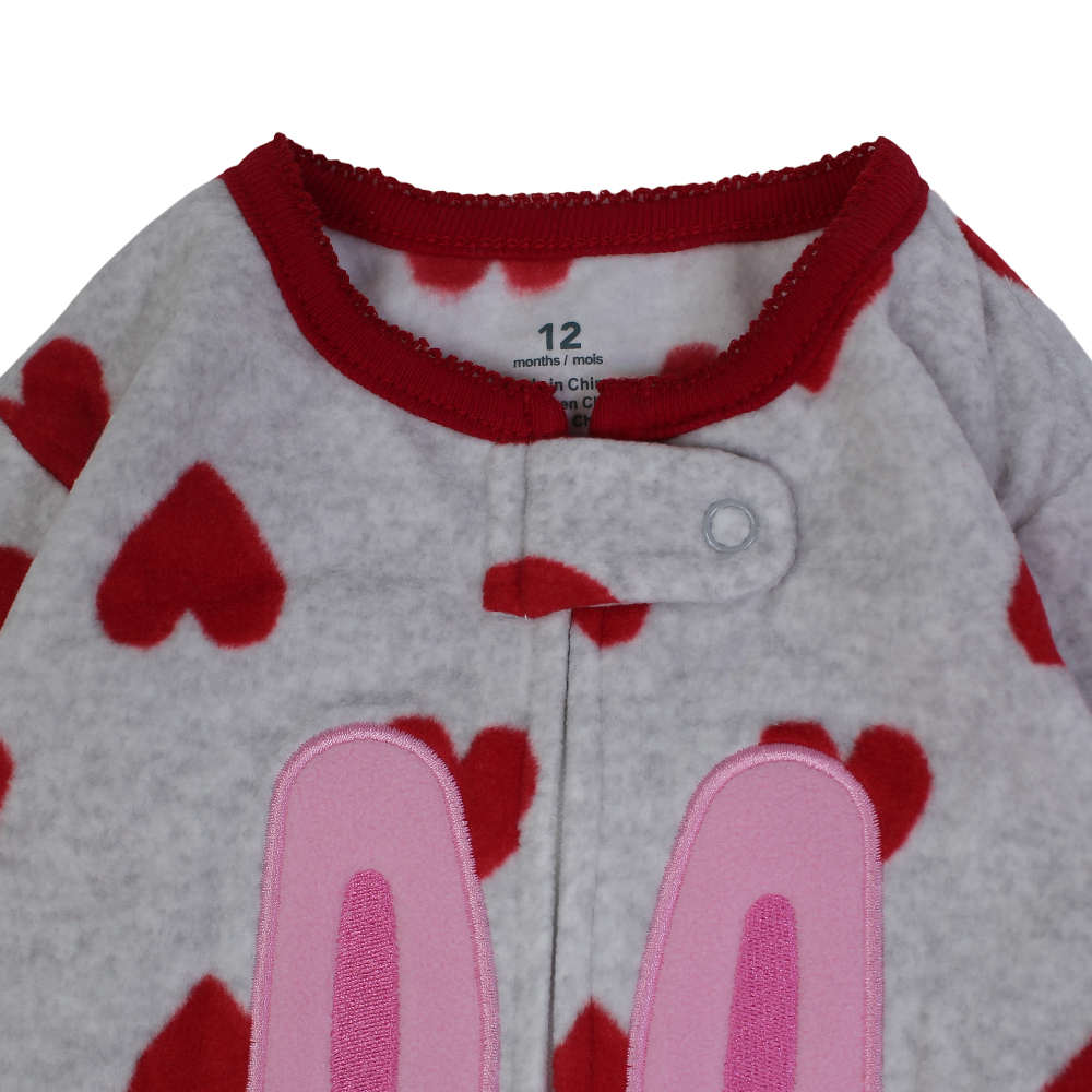 Baby Girls Fleeced Baby Footie – Grey with Hearts & Bunny Design