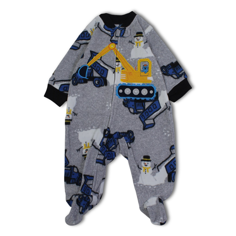 Baby Boys Fleeced Baby Footie – Grey with Excavator Design