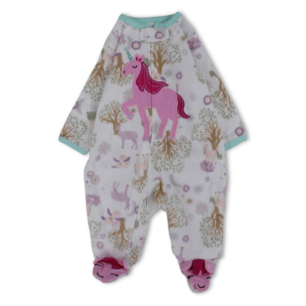 Baby Girls Fleeced Baby Footie – White with Pink Unicorn Design