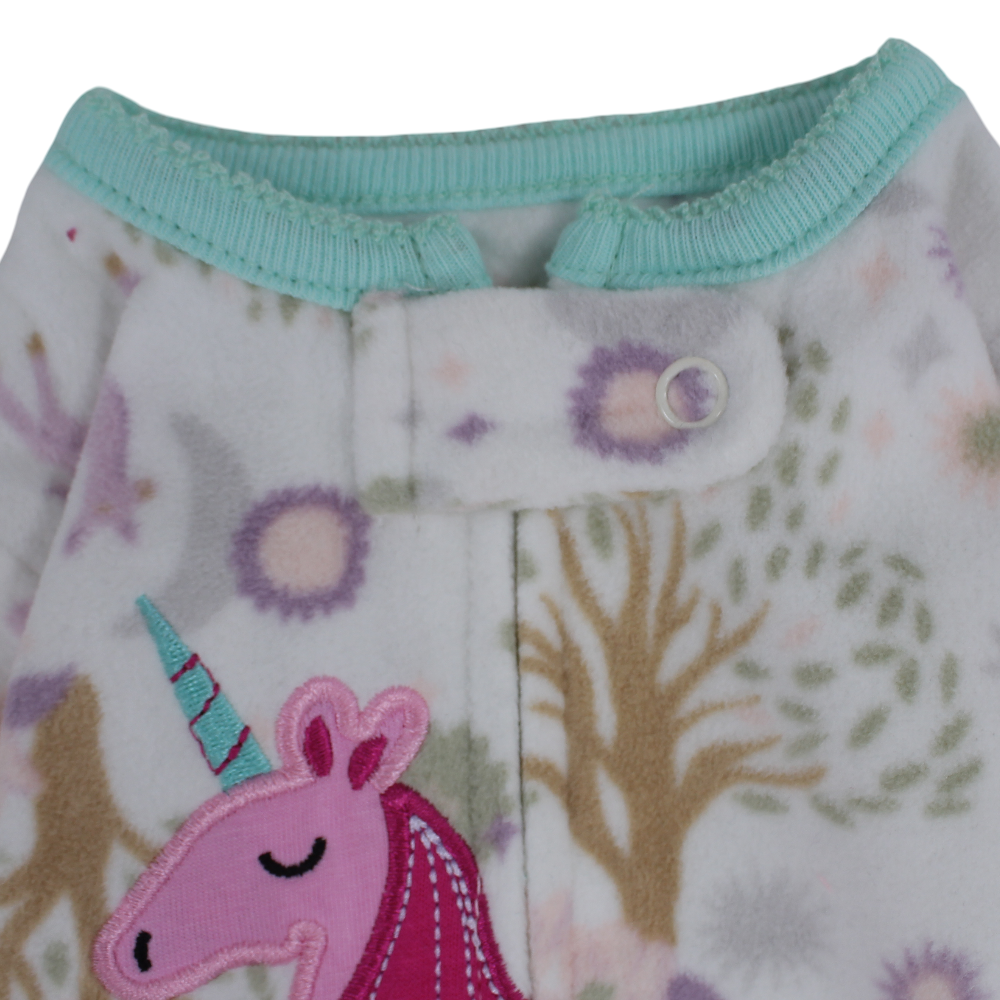 Baby Girls Fleeced Baby Footie – White with Pink Unicorn Design