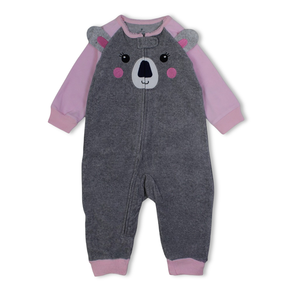 Baby Girls Fleeced Footless Onesie – Grey with Bear Face Design