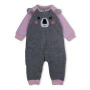 Baby Girls Fleeced Footless Onesie – Grey with Bear Face Design