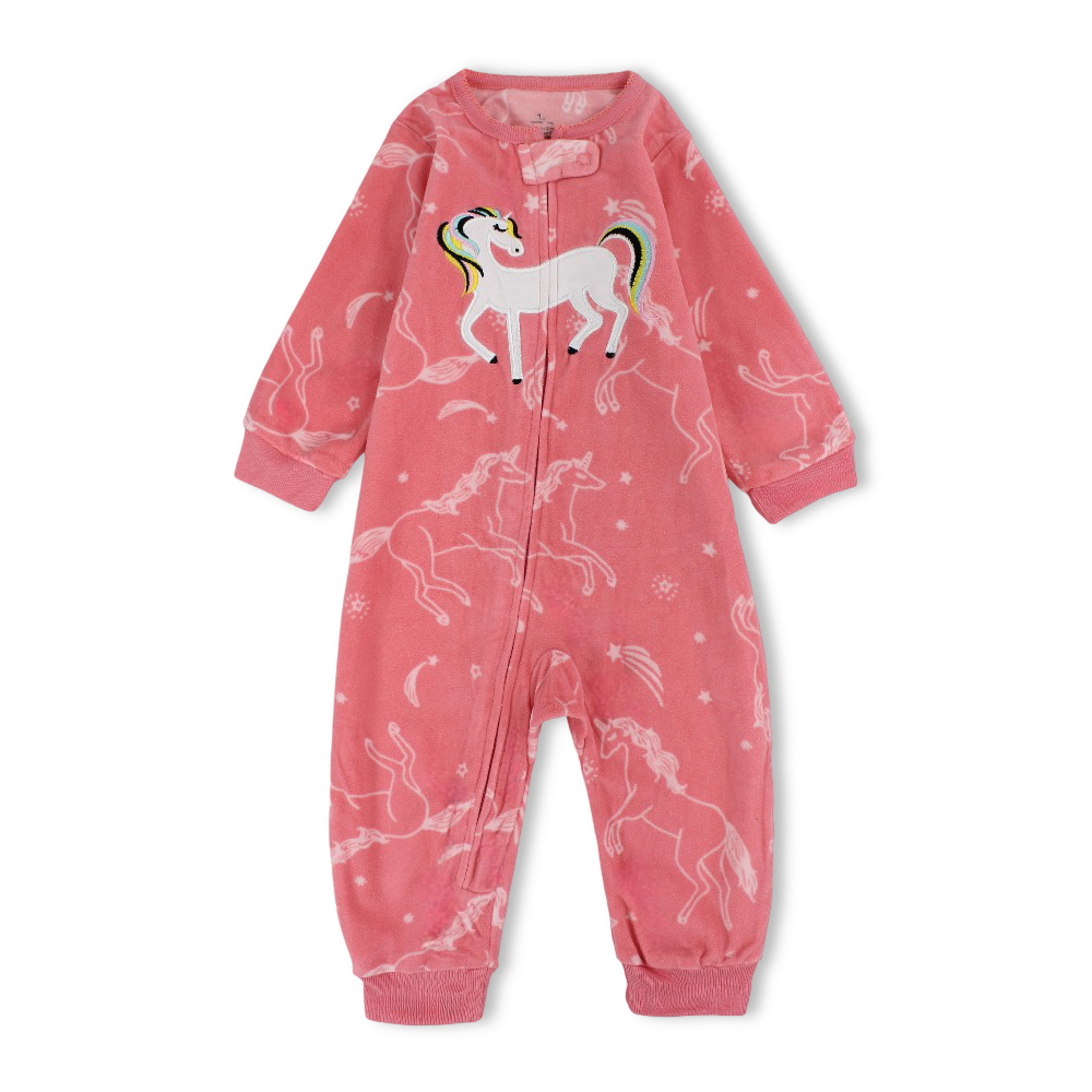 Baby Girls Fleeced Footless Onesie – Orange with Unicorn Design