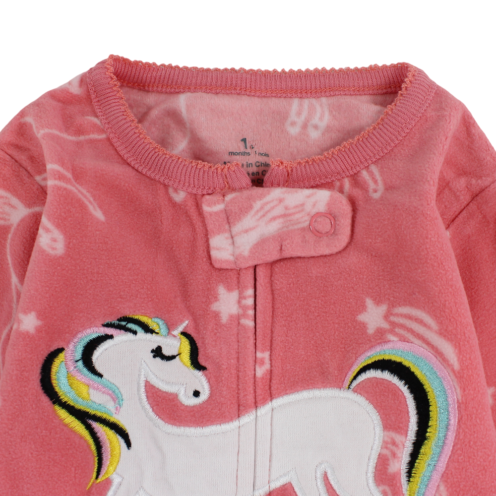 Baby Girls Fleeced Footless Onesie – Orange with Unicorn Design