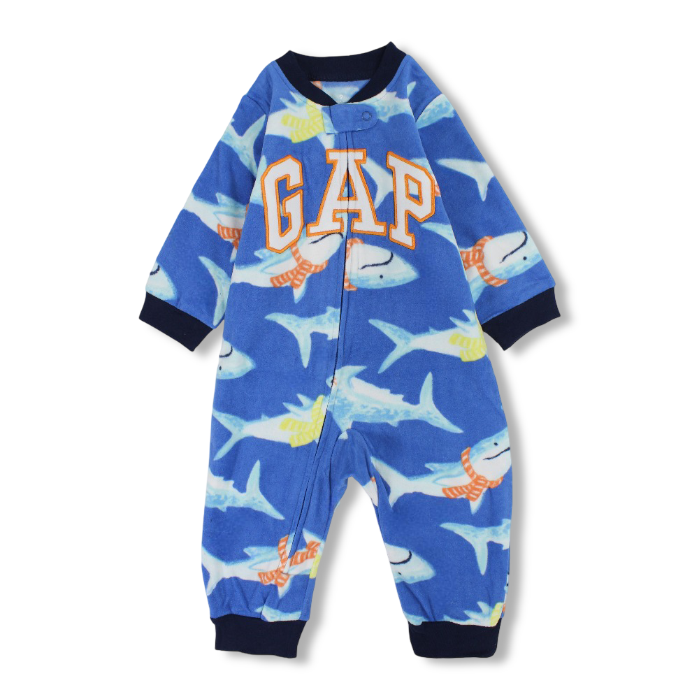Baby Boys Fleeced Footless Onesie – Blue with Sharks Design