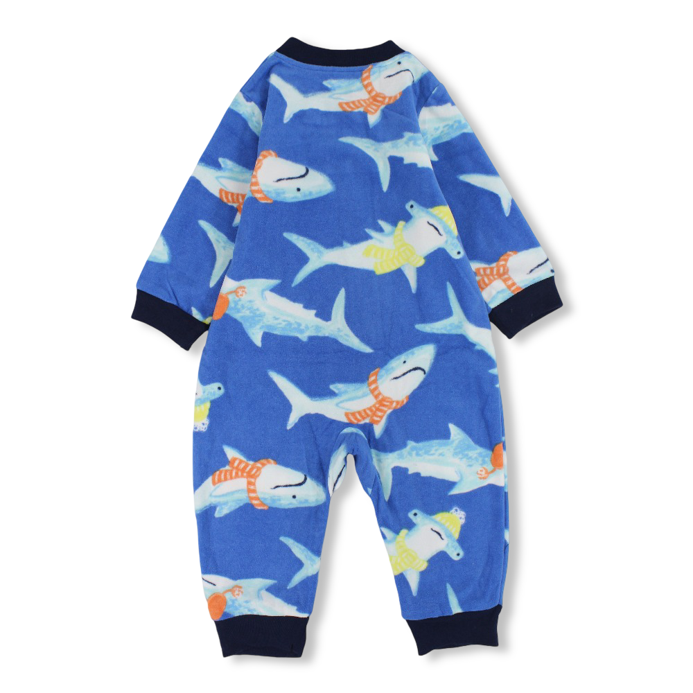 Baby Boys Fleeced Footless Onesie – Blue with Sharks Design