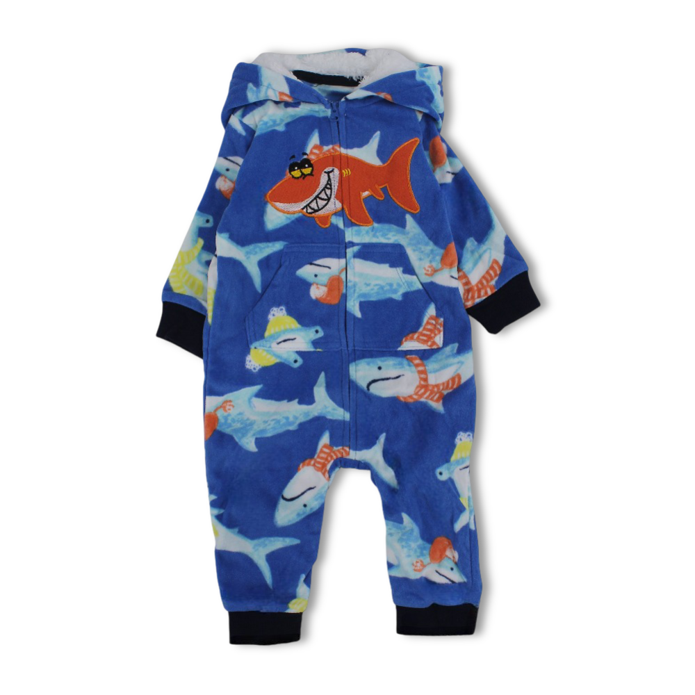 Baby Boys Fleeced Hooded Footless Onesie – Blue with Shark Design