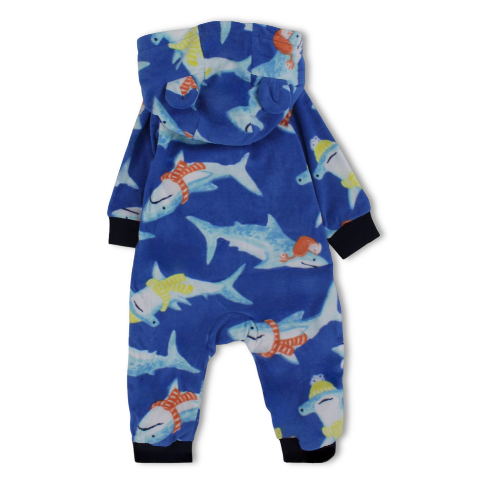 Baby Boys Fleeced Hooded Footless Onesie – Blue with Shark Design