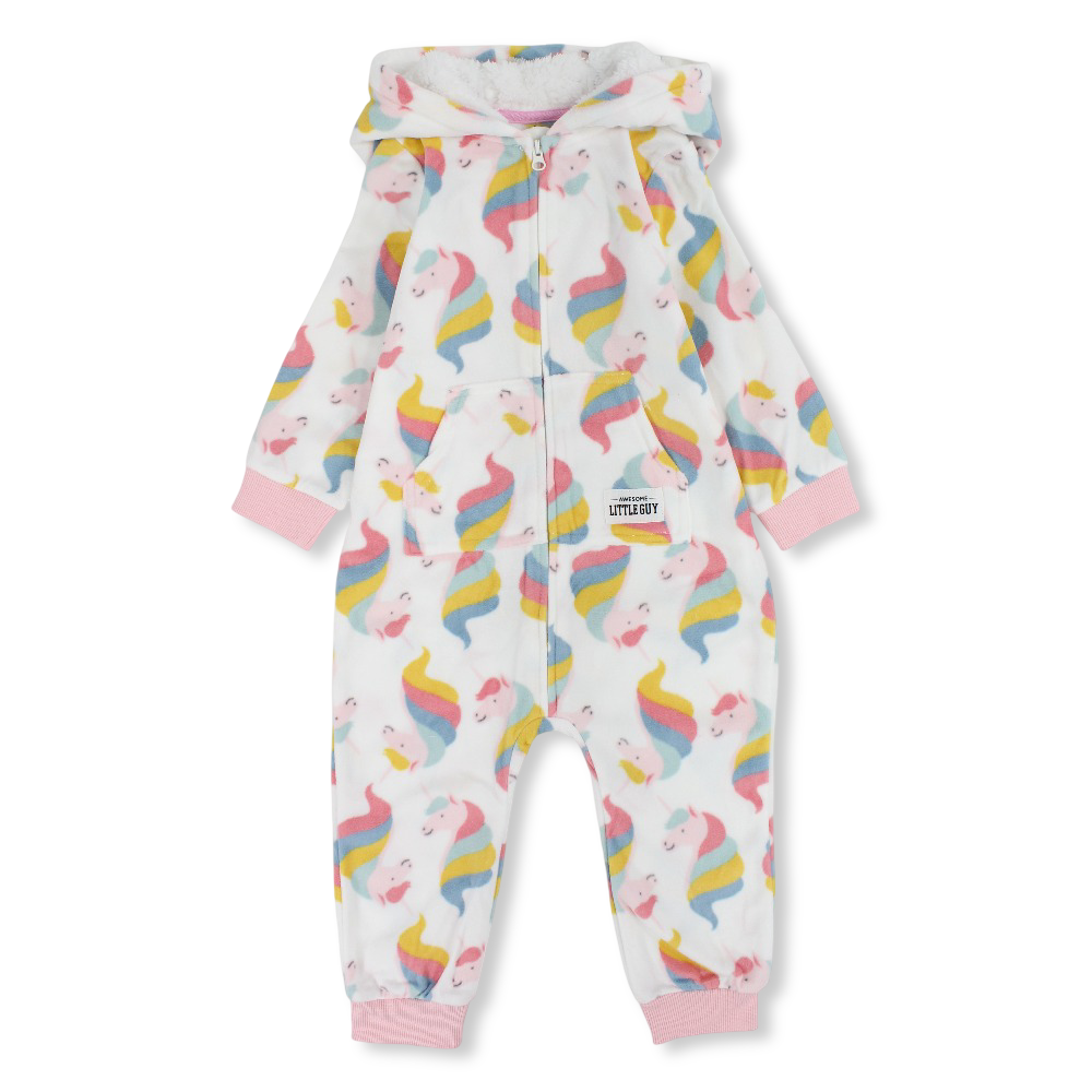 Baby Girls Fleeced Hooded Footless Onesie – White with Unicorns Print