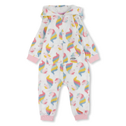 Baby Girls Fleeced Hooded Footless Onesie – White with Unicorns Print