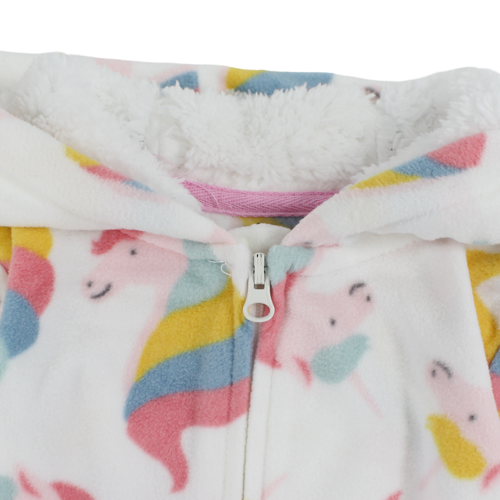 Baby Girls Fleeced Hooded Footless Onesie – White with Unicorns Print