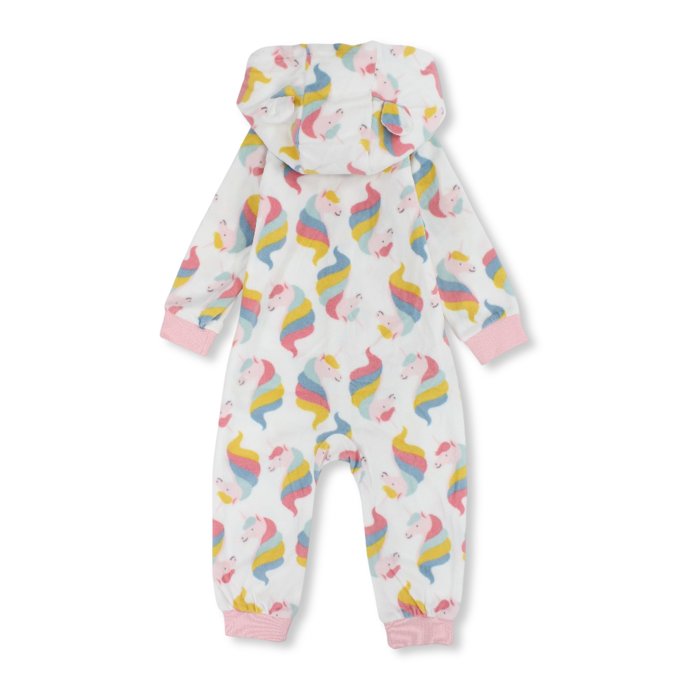 Baby Girls Fleeced Hooded Footless Onesie – White with Unicorns Print