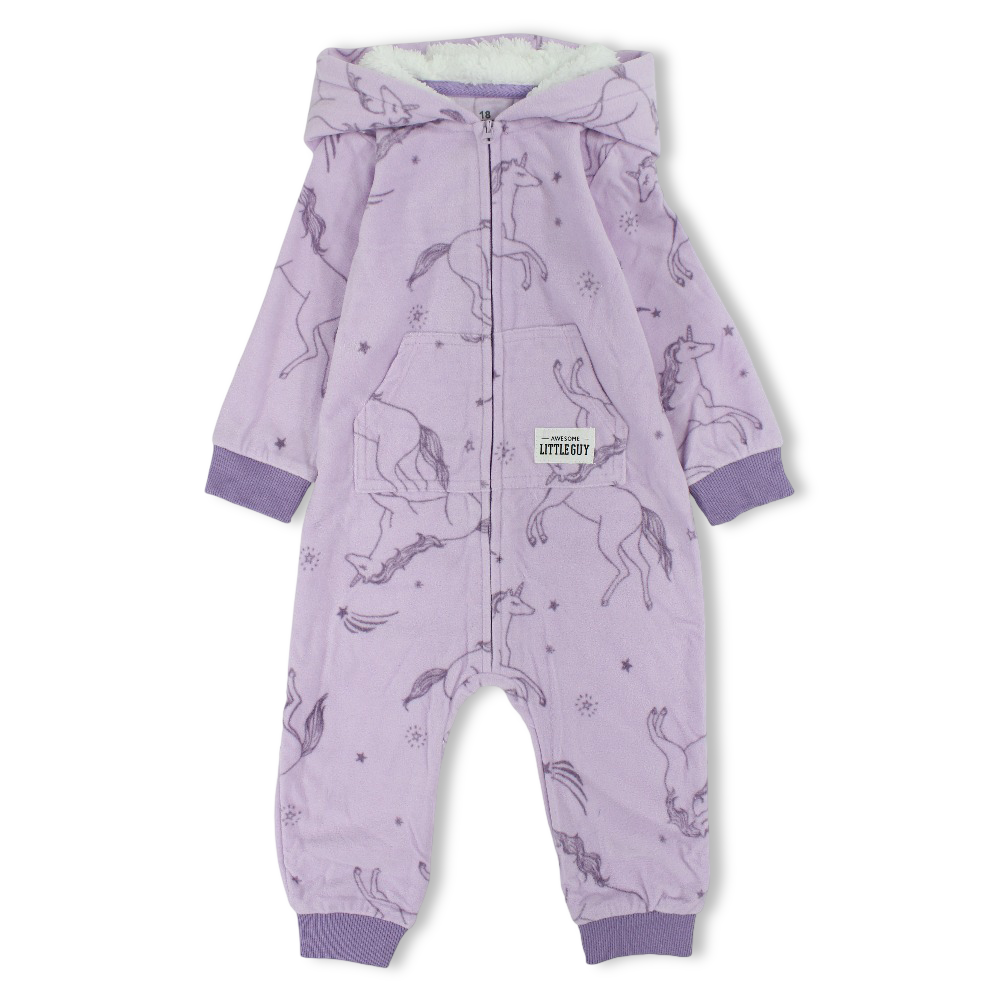 Baby Girls Fleeced Hooded Footless Onesie – Purple with Unicorns Print