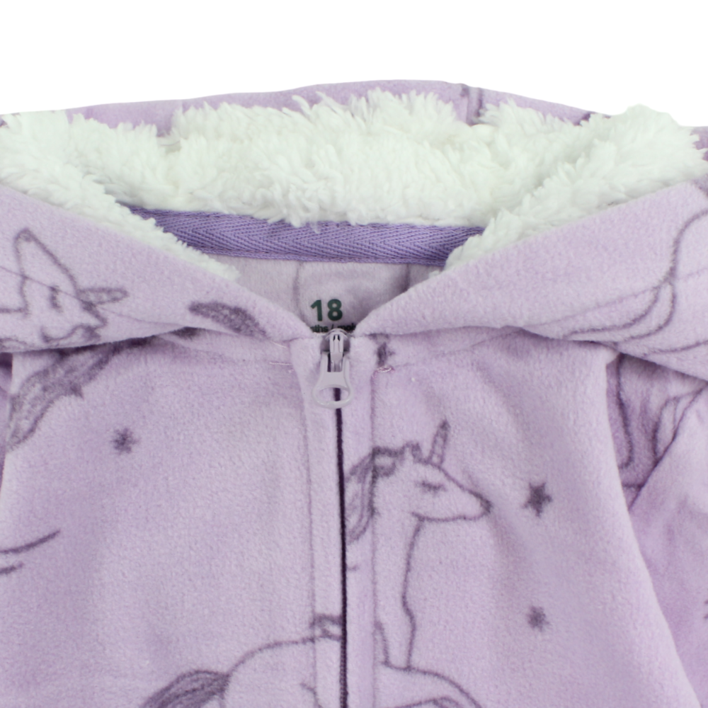 Baby Girls Fleeced Hooded Footless Onesie – Purple with Unicorns Print