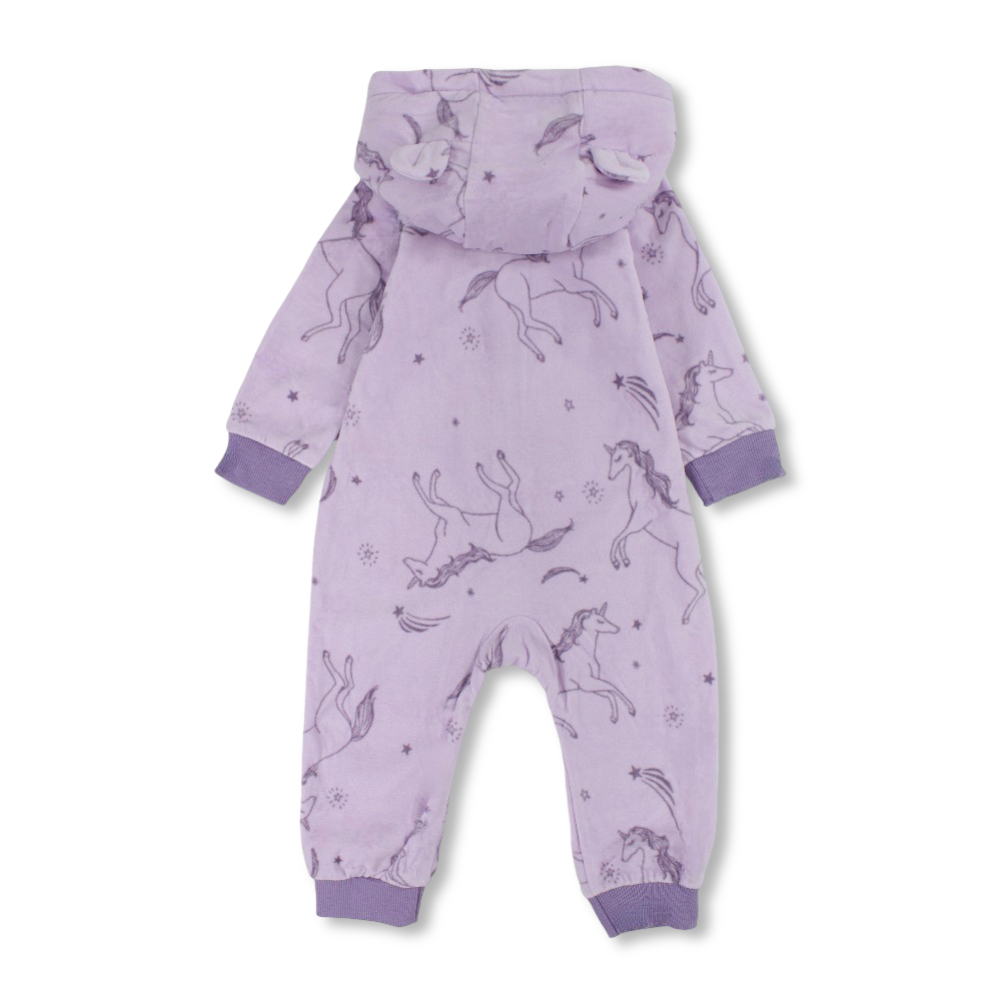 Baby Girls Fleeced Hooded Footless Onesie – Purple with Unicorns Print