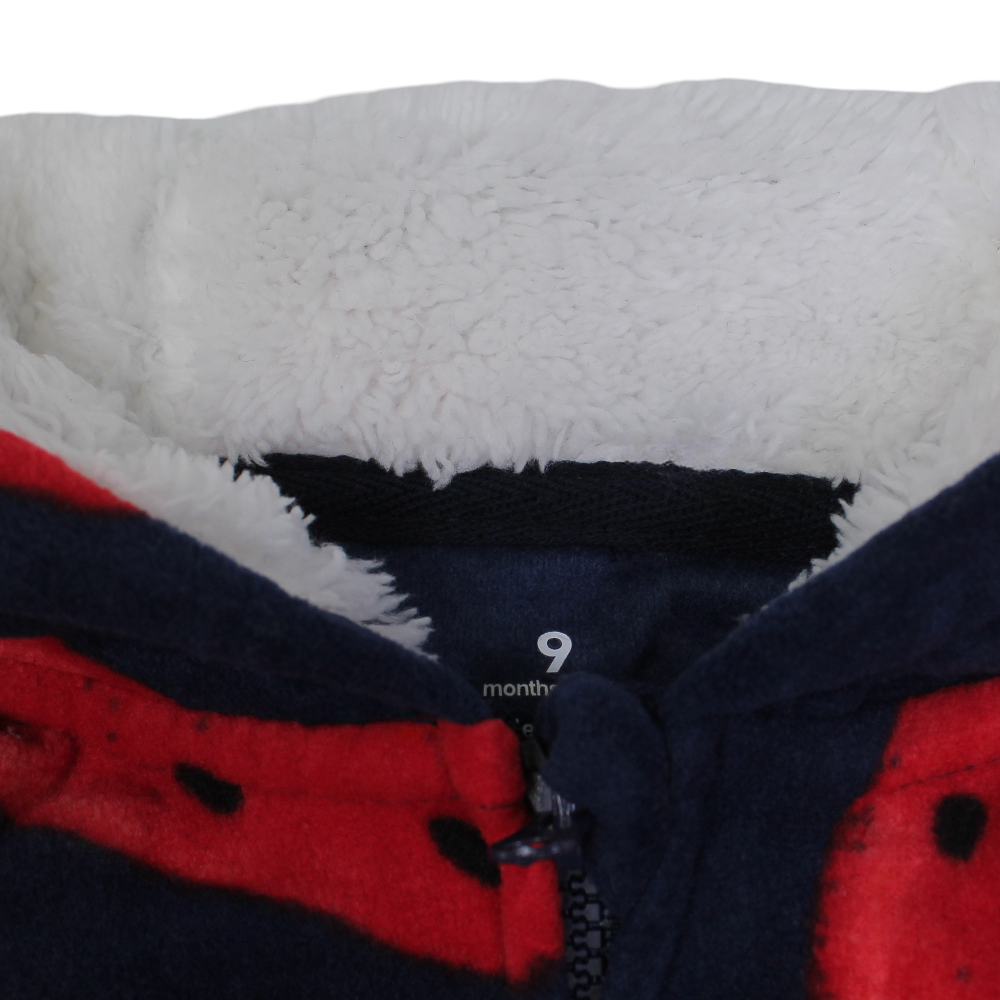 Baby Girls Fleeced Hooded Footless Onesie – Navy with Strawberry Print