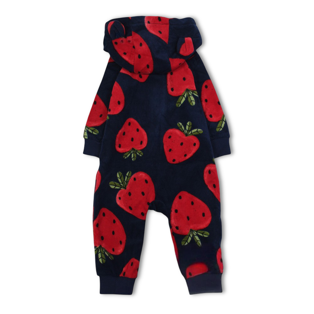 Baby Girls Fleeced Hooded Footless Onesie – Navy with Strawberry Print