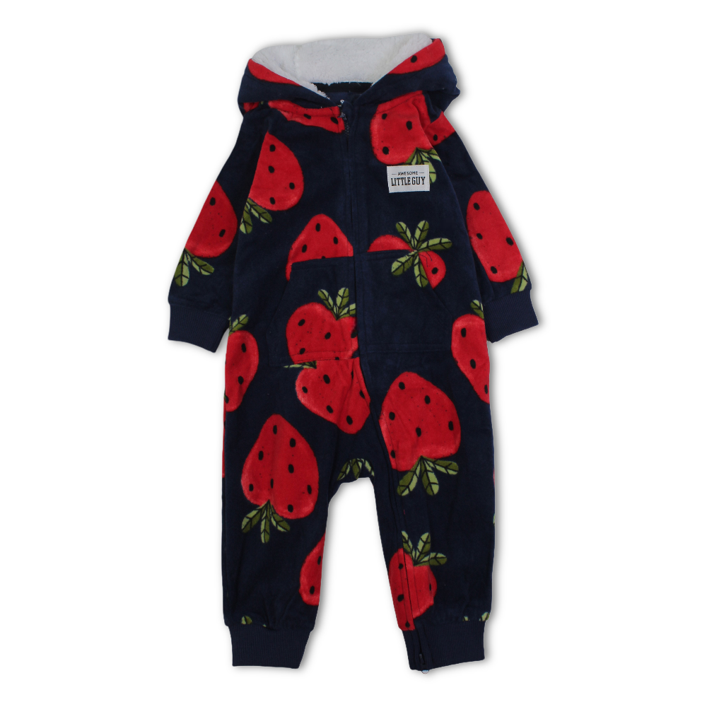 Baby Girls Fleeced Hooded Footless Onesie – Navy with Strawberry Print