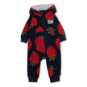 Baby Girls Fleeced Hooded Footless Onesie – Navy with Strawberry Print