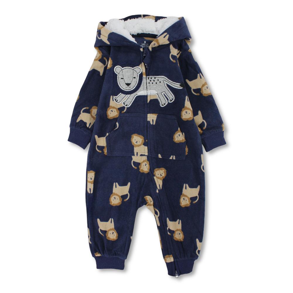 Baby Boys Fleeced Hooded Footless Onesie – Navy with Lions Print
