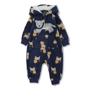 Baby Boys Fleeced Hooded Footless Onesie – Navy with Lions Print