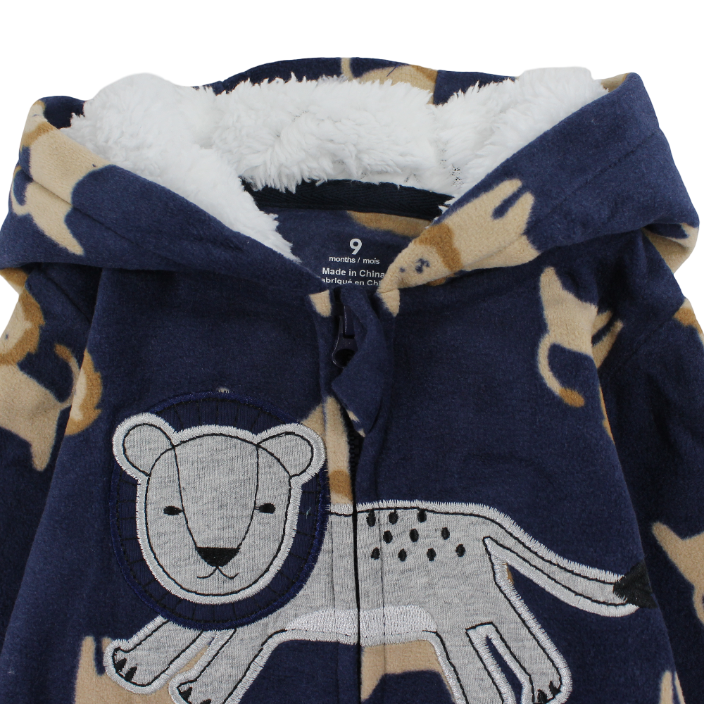 Baby Boys Fleeced Hooded Footless Onesie – Navy with Lions Print