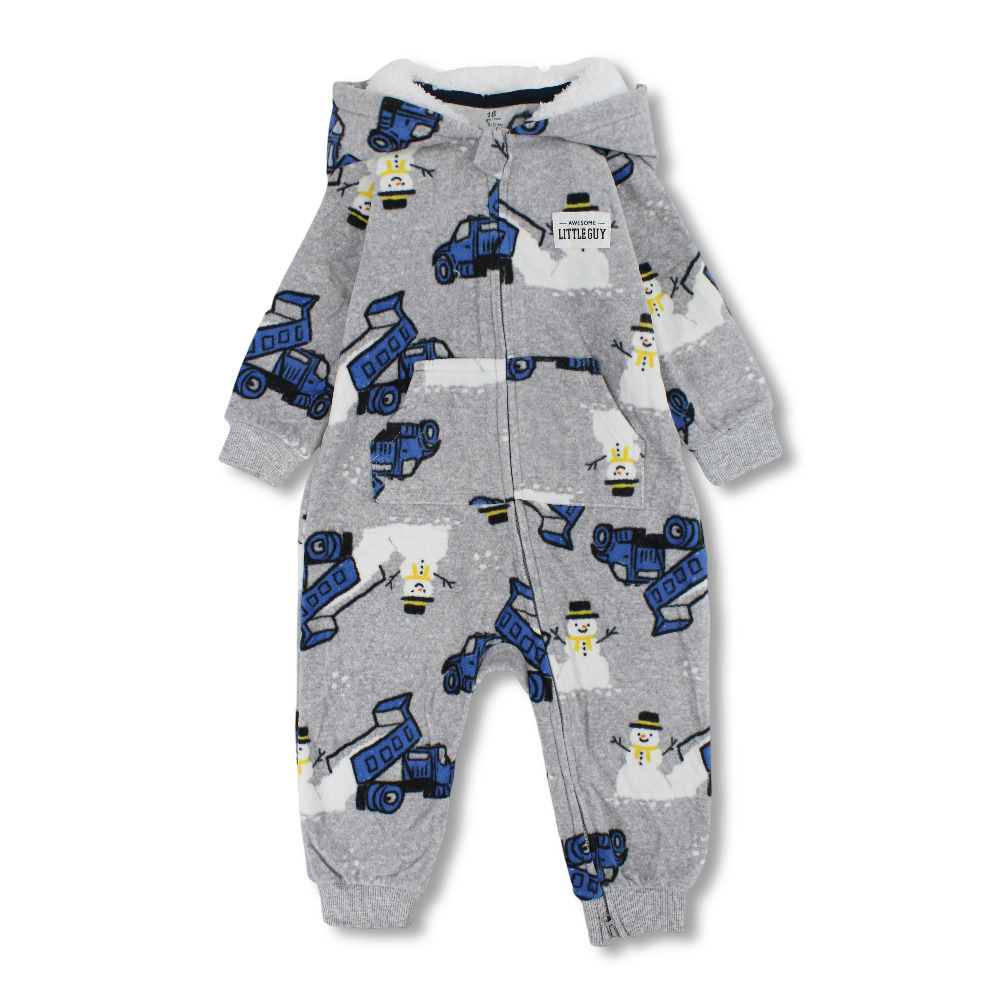 Baby Boys Fleeced Hooded Footless Onesie – Grey with Tractors Print
