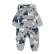 Baby Boys Fleeced Hooded Footless Onesie – Grey with Tractors Print