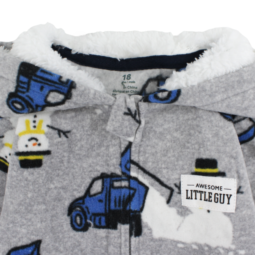Baby Boys Fleeced Hooded Footless Onesie – Grey with Tractors Print
