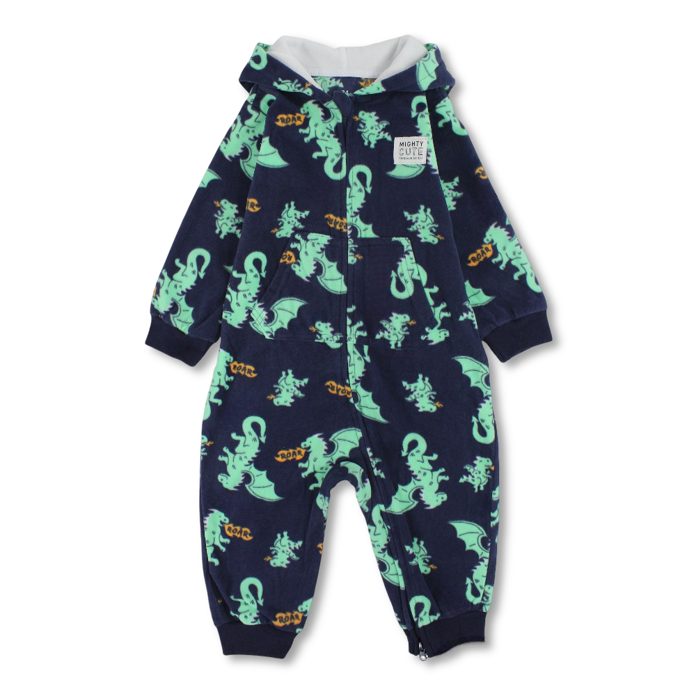 Baby Boys Fleeced Hooded Footless Onesie - Navy with Dragons Print