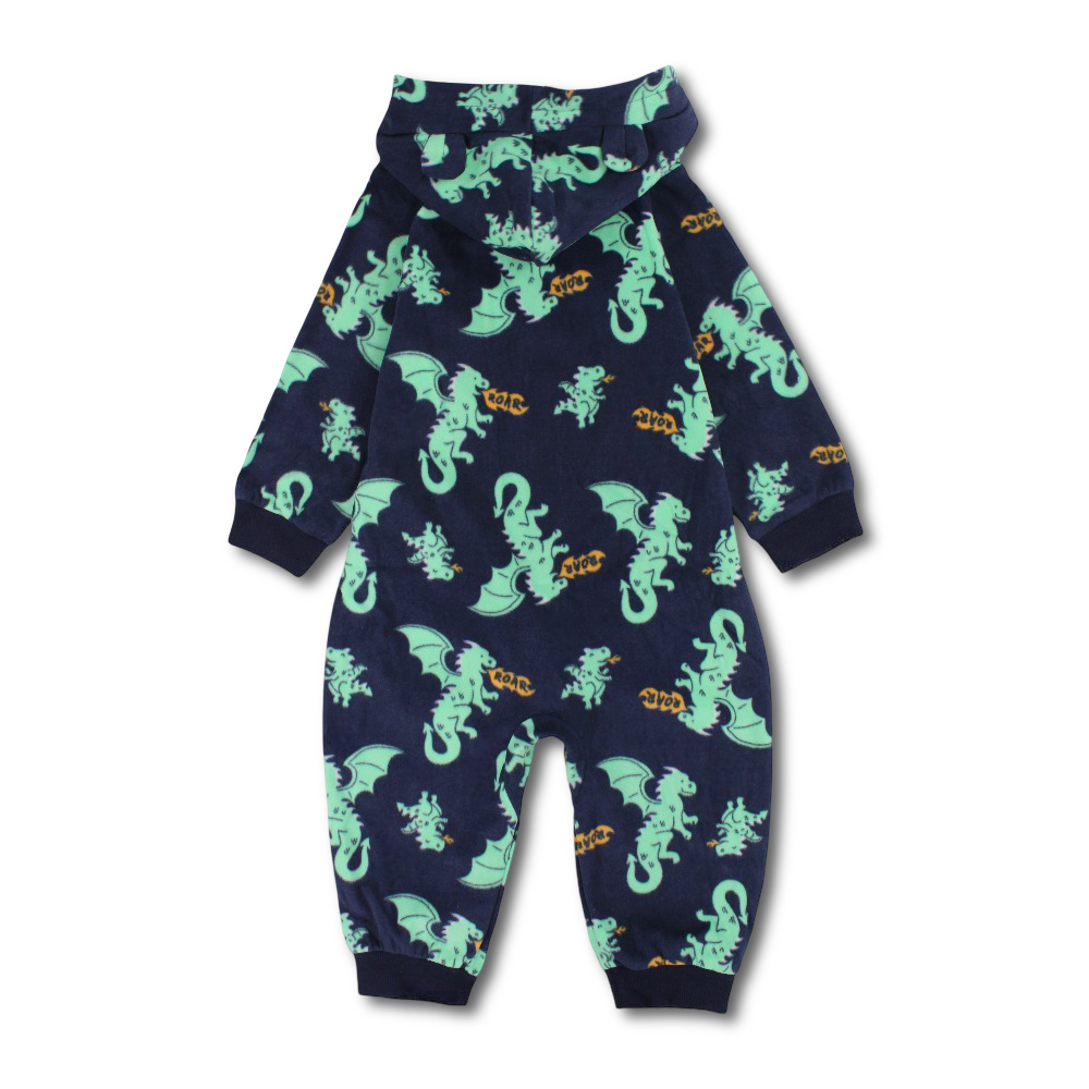 Baby Boys Fleeced Hooded Footless Onesie - Navy with Dragons Print