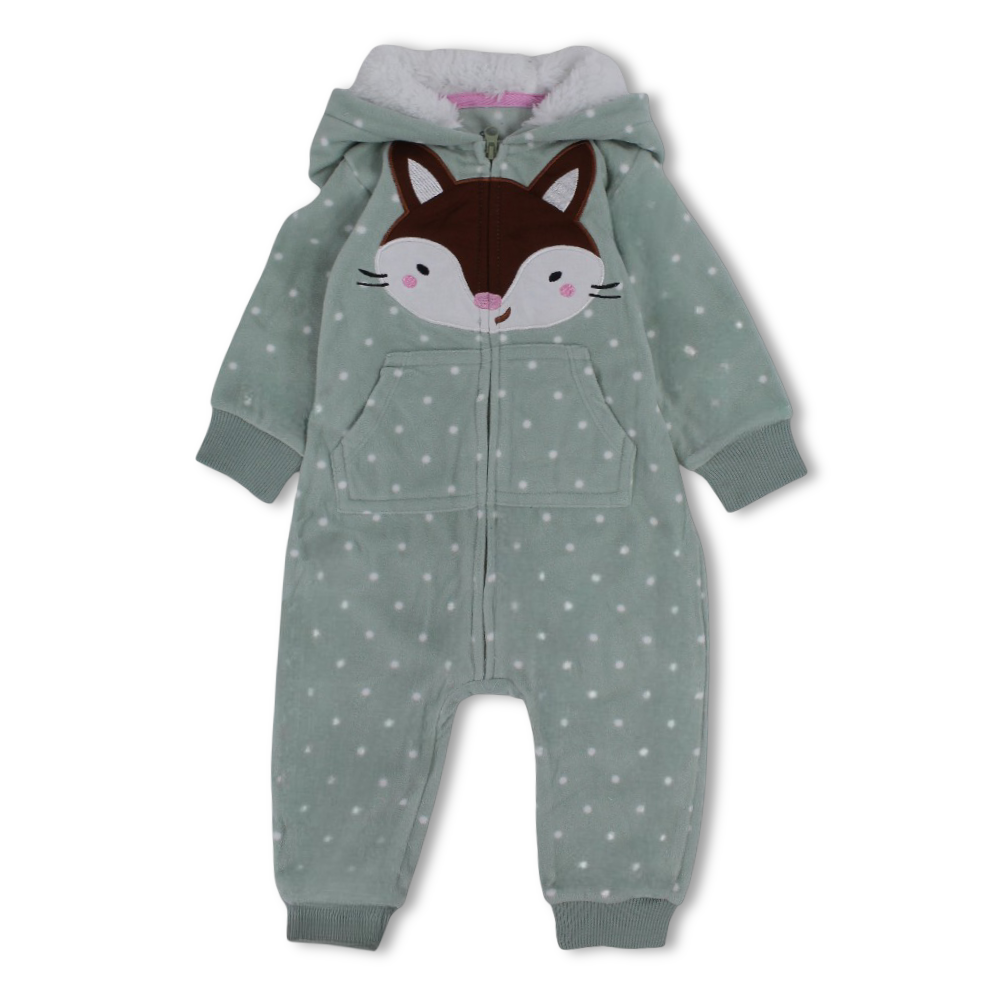 Baby Girls Fleeced Hooded Footless Onesie – Mint with Fox Head Design
