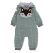 Baby Girls Fleeced Hooded Footless Onesie – Mint with Fox Head Design