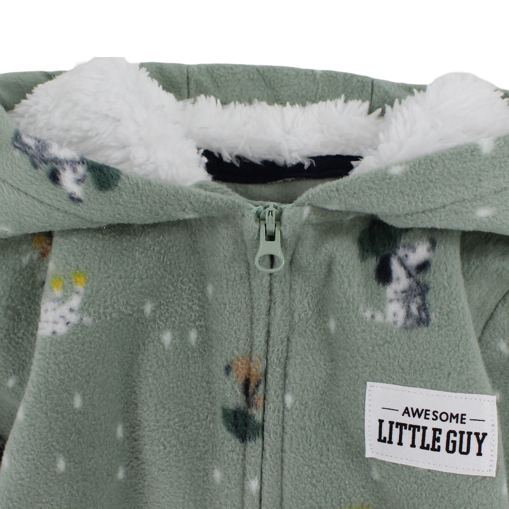 Baby Boys Fleeced Hooded Footless Onesie – Mint with Dogs Print
