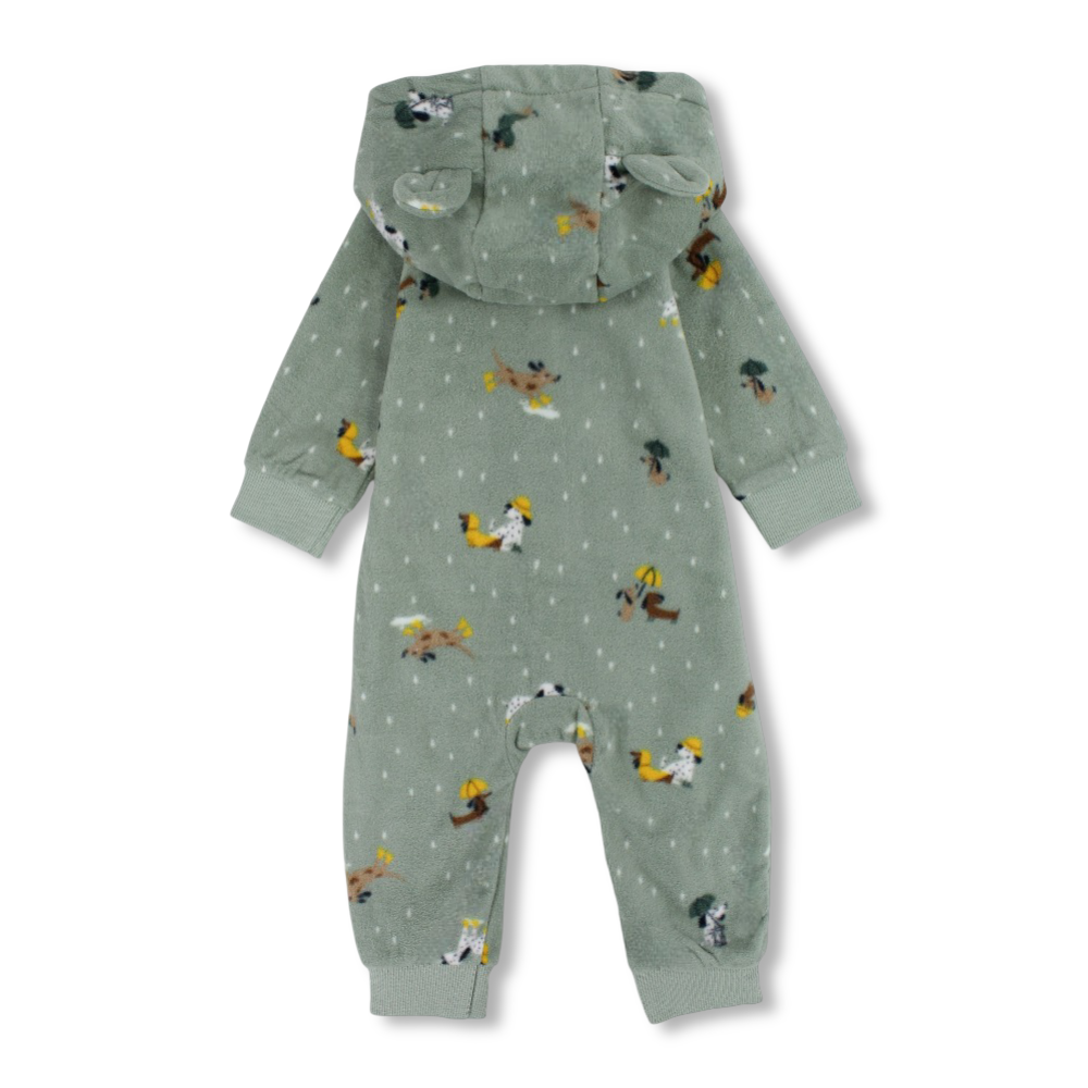 Baby Boys Fleeced Hooded Footless Onesie – Mint with Dogs Print