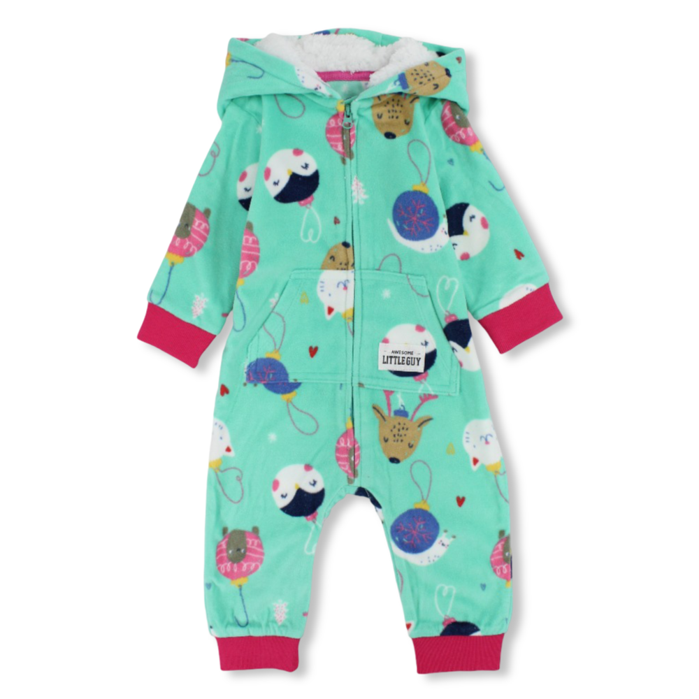 Baby Girls Fleeced Hooded Footless Onesie – Mint with Cute Animal Heads Print