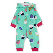 Baby Girls Fleeced Hooded Footless Onesie – Mint with Cute Animal Heads Print