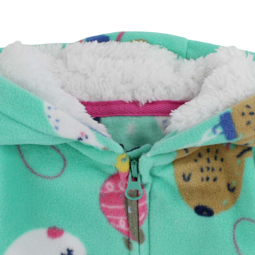 Baby Girls Fleeced Hooded Footless Onesie – Mint with Cute Animal Heads Print