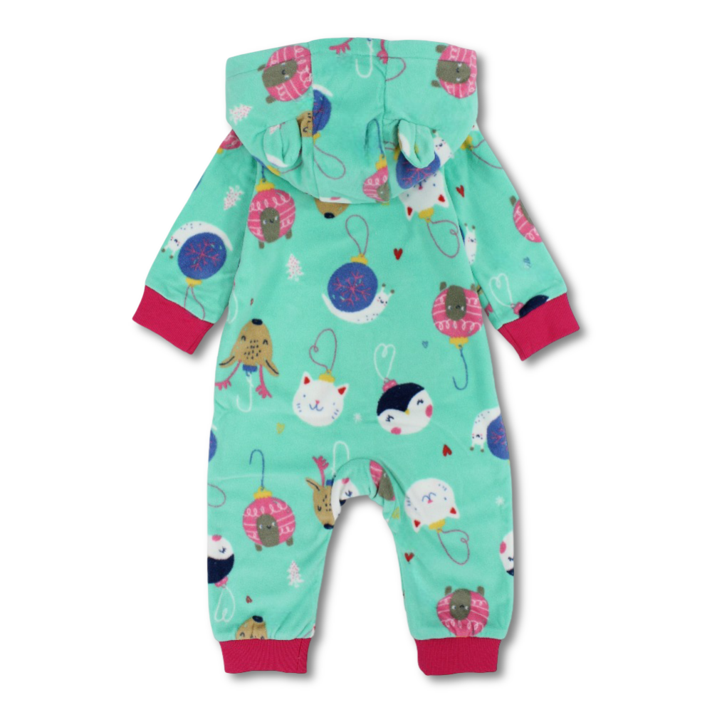 Baby Girls Fleeced Hooded Footless Onesie – Mint with Cute Animal Heads Print
