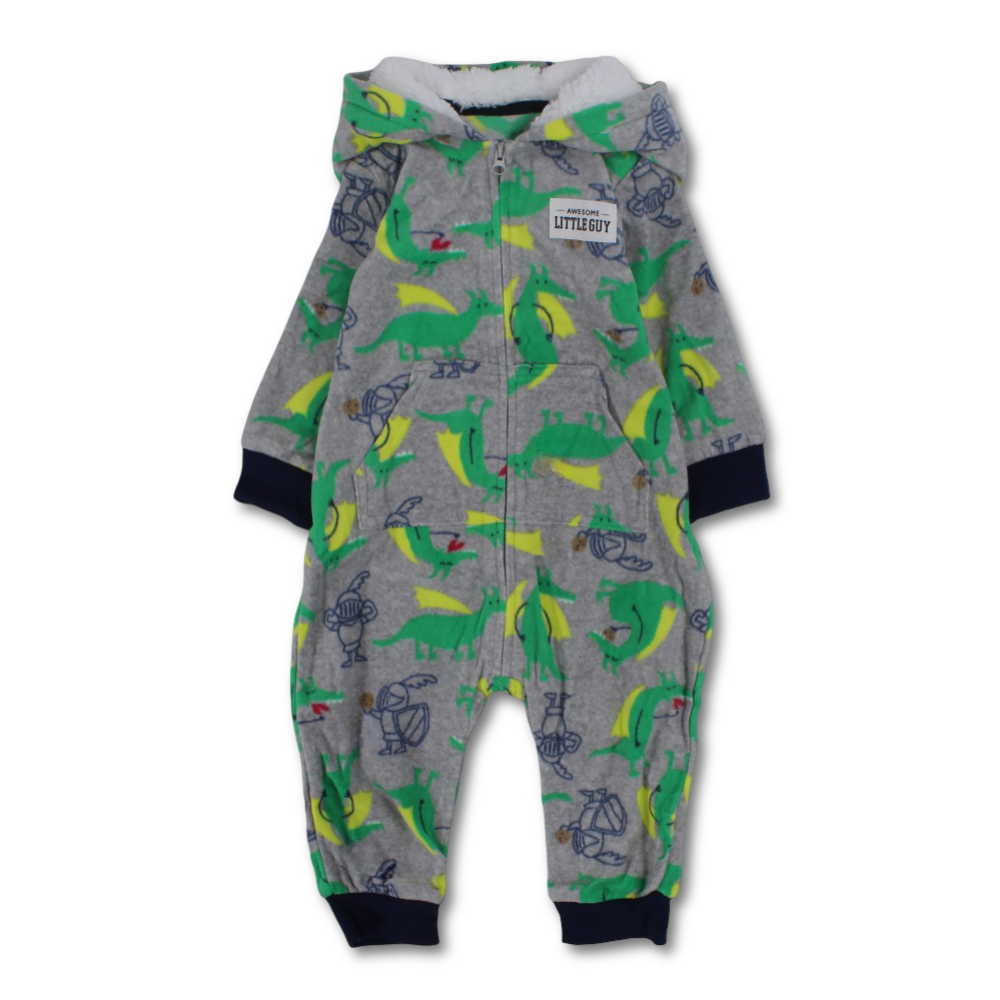 Baby Boys Fleeced Hooded Footless Onesie – Grey with Green Dragons Print