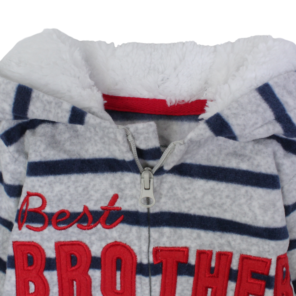 Baby Boys Fleeced Hooded Footless Onesie – Grey with “Best Brother” Design