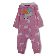 Baby Girls Fleeced Hooded Footless Onesie – Pink with Unicorns Print